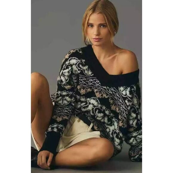 BY ANTHROPOLOGIE black white wool blend oversized knit sweater pullover M NWOT - Picture 2 of 10